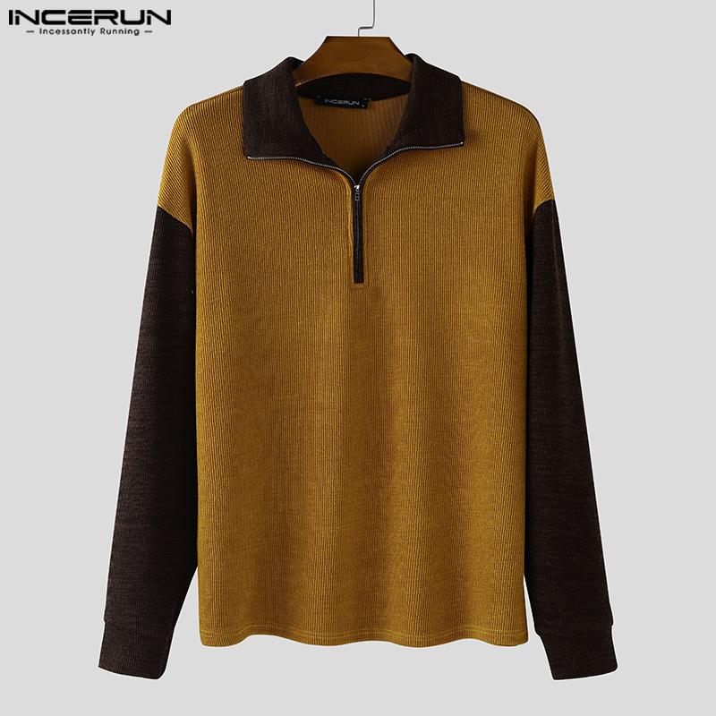 INCERUN Autumn Men Zip-up Lapel Long Sleeve Stitching Rib Knitted Pullovers Tops