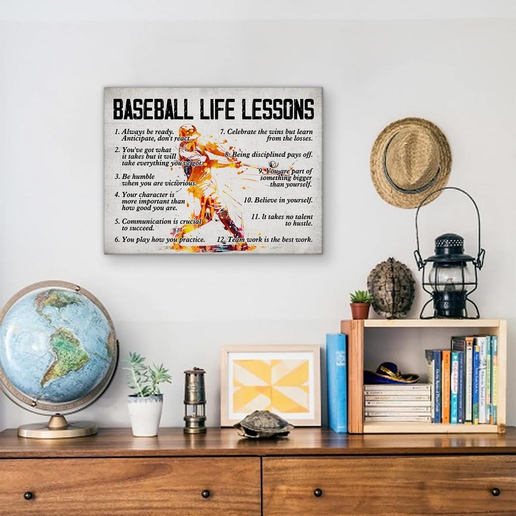 Hijie Baseball Poster Canvas Wall Art for Home Decor, Motivational Life Lessons Print Painting, Gifts for Men 12x15 Inch