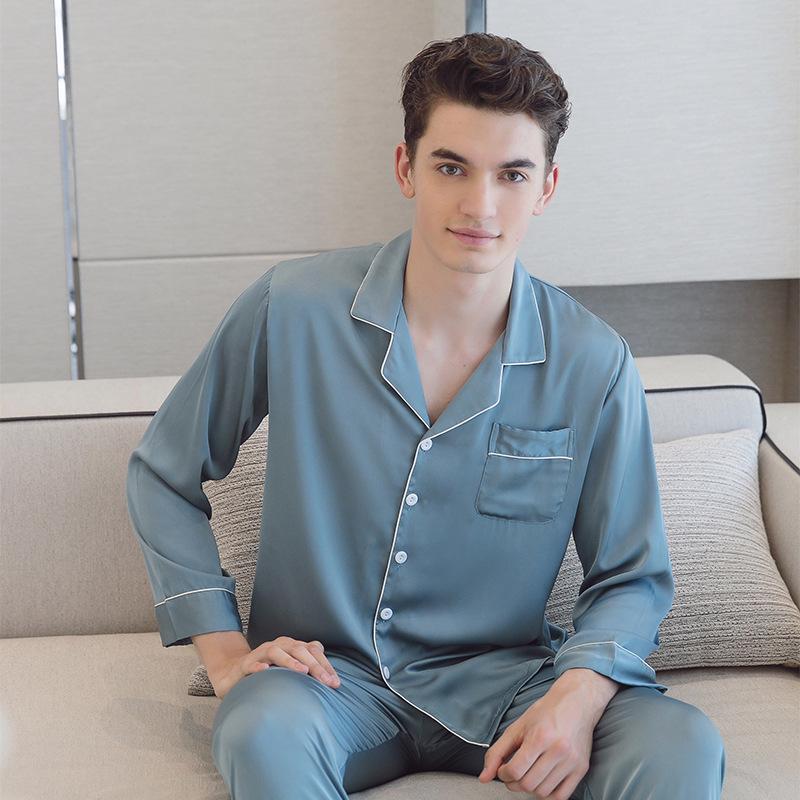 Ice Silk Couple Pajamas: Women's Long Sleeve Two-Piece Set, Spring/Autumn, Thin Style, Plus Size, Stylish Men's Home Wear