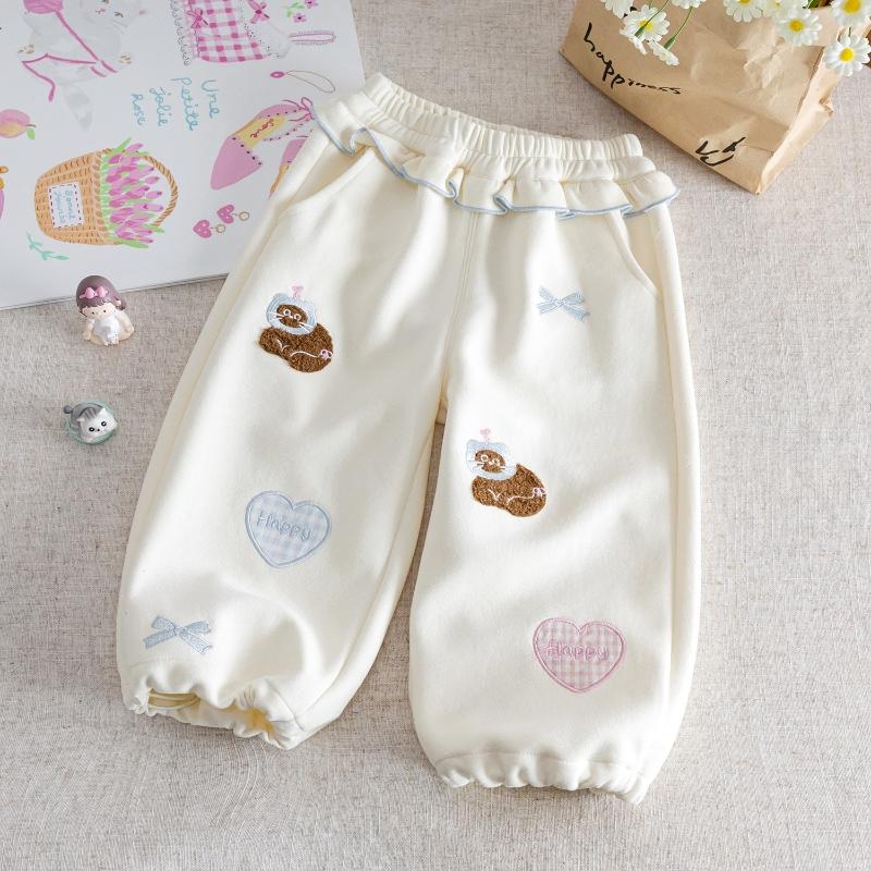 

Новые осенние серые повседневные спортивные штаны для маленьких девочек, милые брюки свободного кроя с мультяшной вышивкой, универсальные брюки, корейские детские брюки 130 бежевый