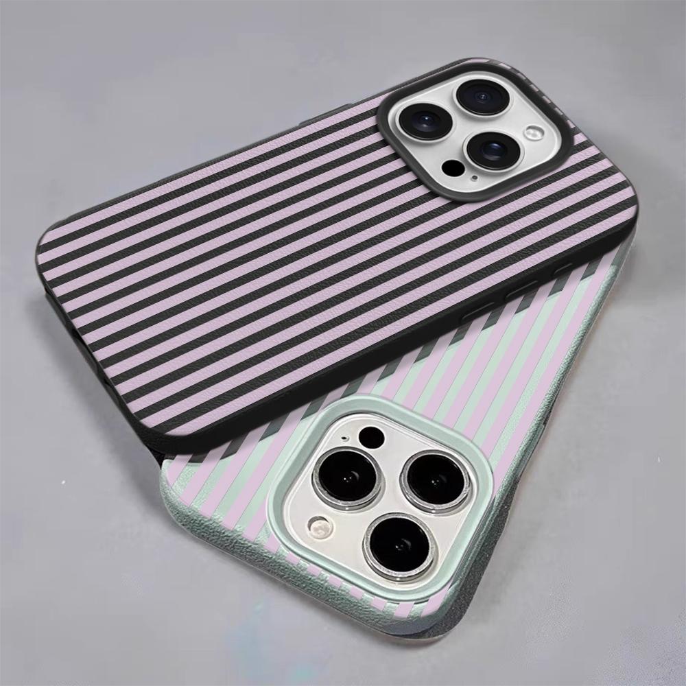 Mint Purple Stripe Leather Texture Soft Case for iPhone 17 17E 16 15 14 13 12 11 Pro Max Fresh Shockproof Protective Cover