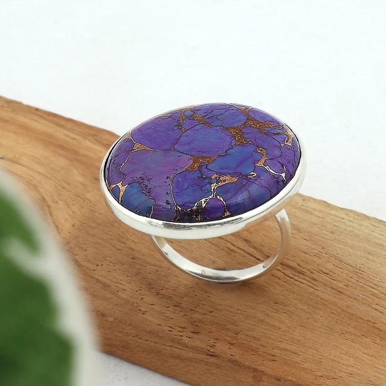 Lila Türkis Kupfer Runder Edelsteinring, Großer Riesiger Ring, Handgefertigter Ring, 925 Sterling Silber, Zargenring, Statement Ring