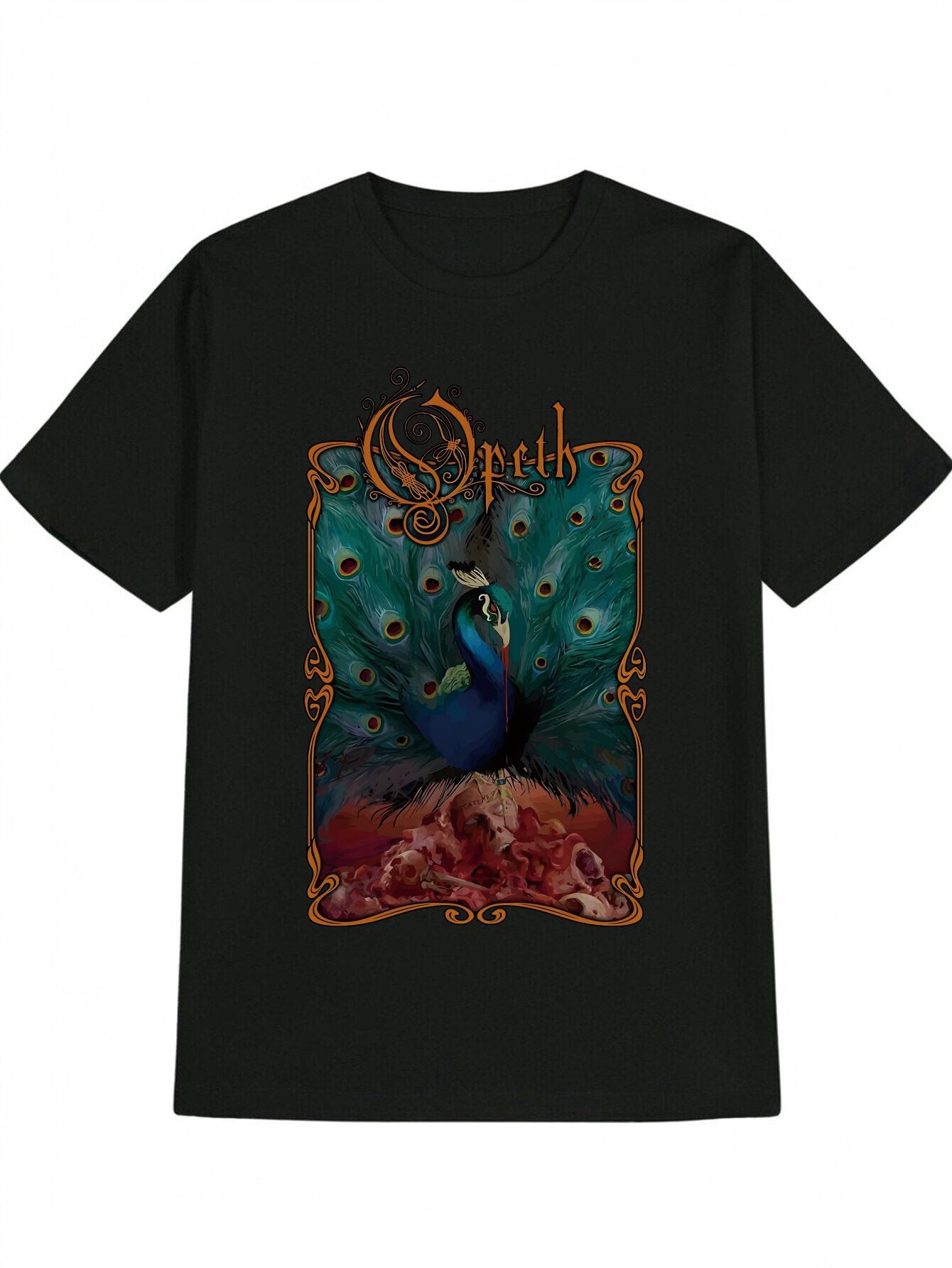 Casual Crew Neck T-shirt with Vibrant Peacock Feather Print - Black L