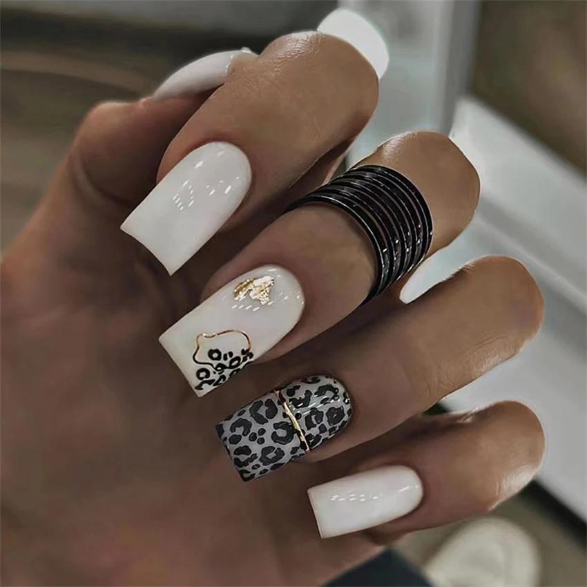 24Pcs French Long Ballet Square Fake Nails Removable Full Cover Press On Nails Acrylic False Nail Tips