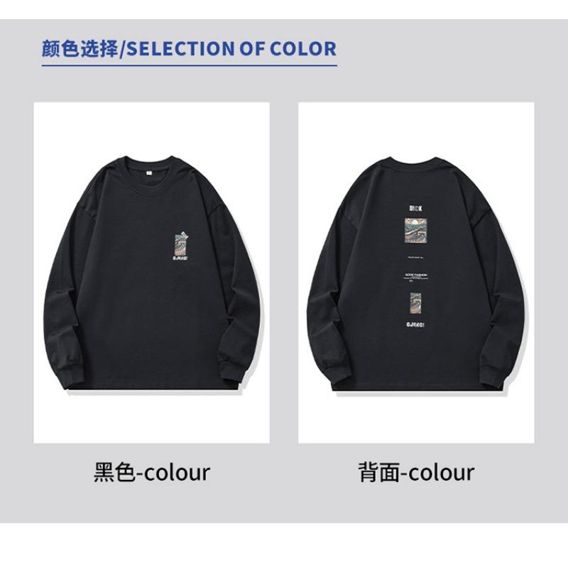 Men Black Printed Round Neck Long Sleeve Loose Casual Cotton T Shirt