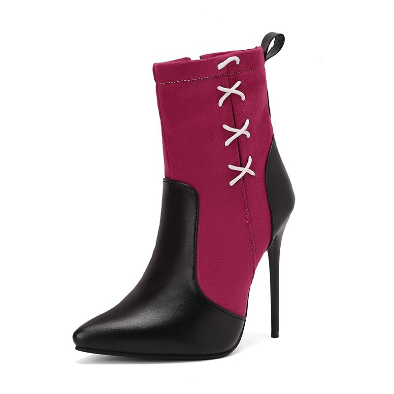 

Сексуальные ботинки смешанных цветов Женские лоскутные туфли на шпильке 2024 Осень Зима Тонкий высокий каблук Ботильоны 48