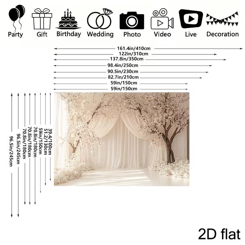 2D Cherry Blossom Wedding Tapestry, White Curtain & Flower Tree Backdrop