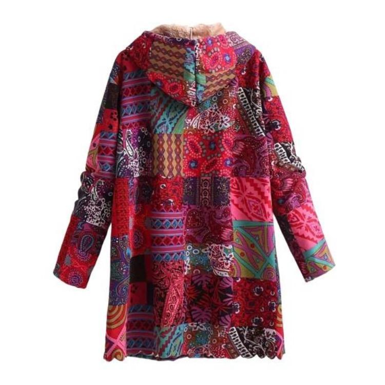 Vintage Floral Print Sherpa Lined Fleece Jacket for Women Zip Up Hooded Coat Long Sleeve Ethnic Style Outerwear Fall Winter