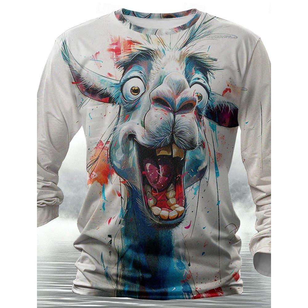 Funny Animal Design Retro Men 3D Printing Street Casual Daily Gray Long Sleeved Round Neck Shirt Spring And Autumn Clothing