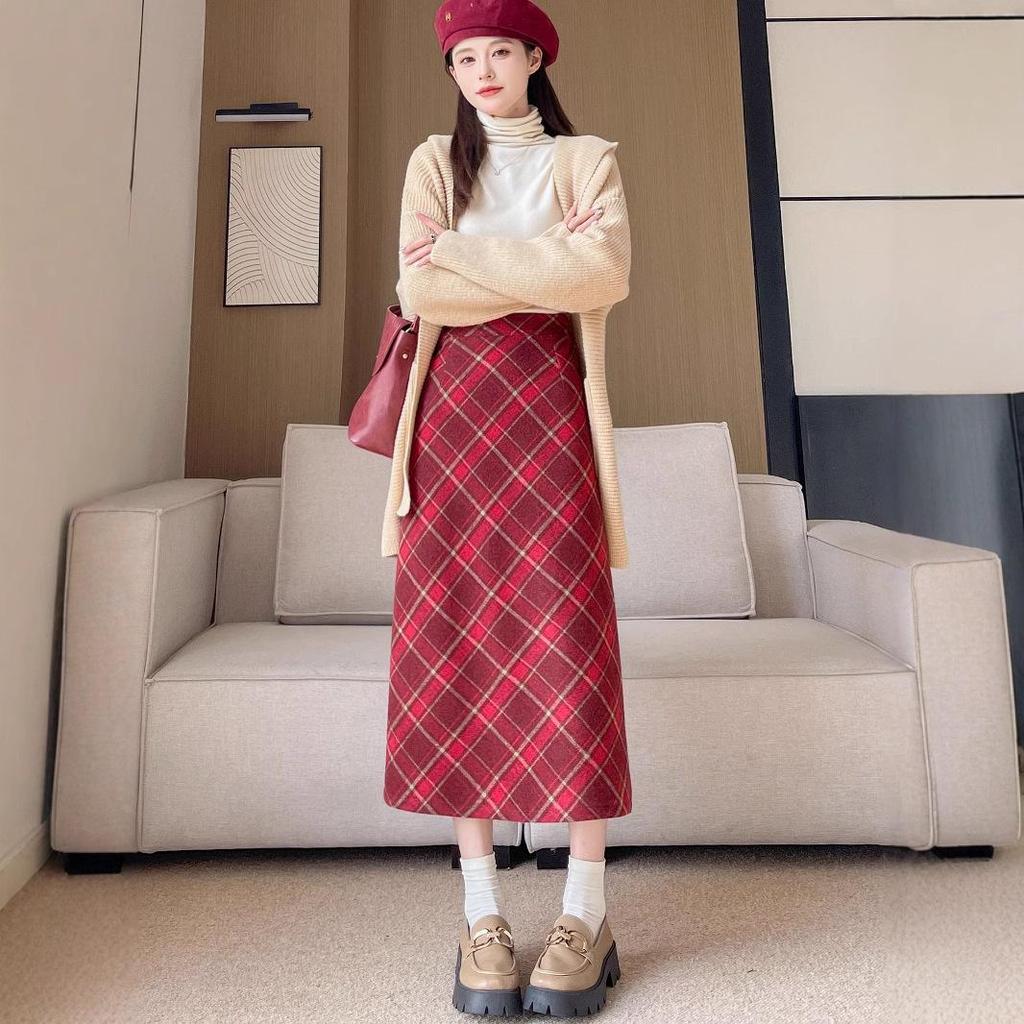 Autumn-Winter High Waist Wool Plaid A-Line Midi Skirt