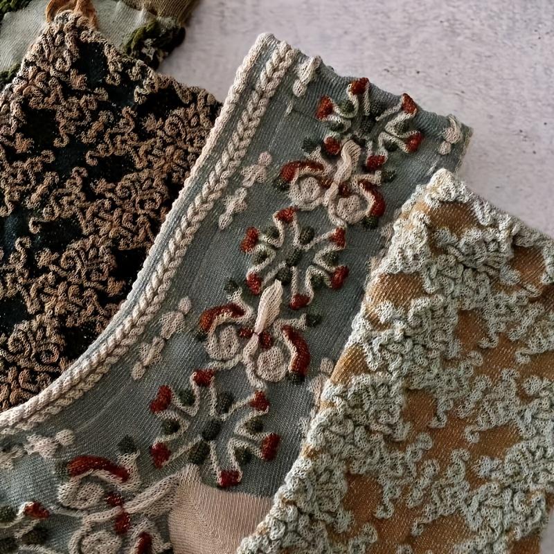 5 Pairs Women's Mid-Calf Socks - Soft Knit Floral Embroidery, Green Vintage Print, Warm & Comfortable, Perfect for Autumn & Winter, Cute Socks