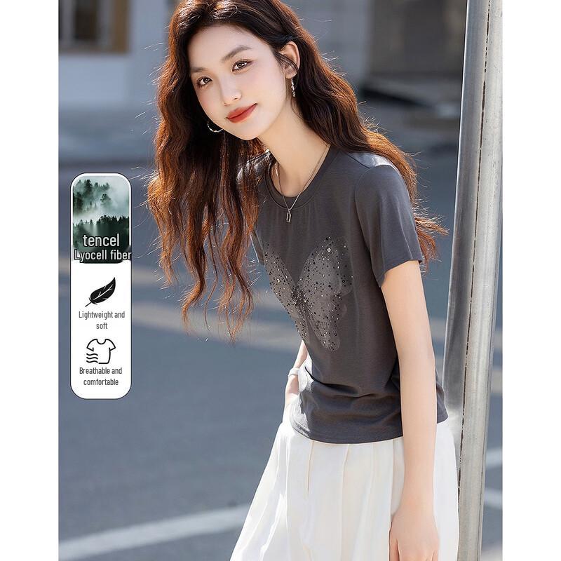 Demana Women's Tencel Blend Butterfly Print Short-Sleeve T-Shirt