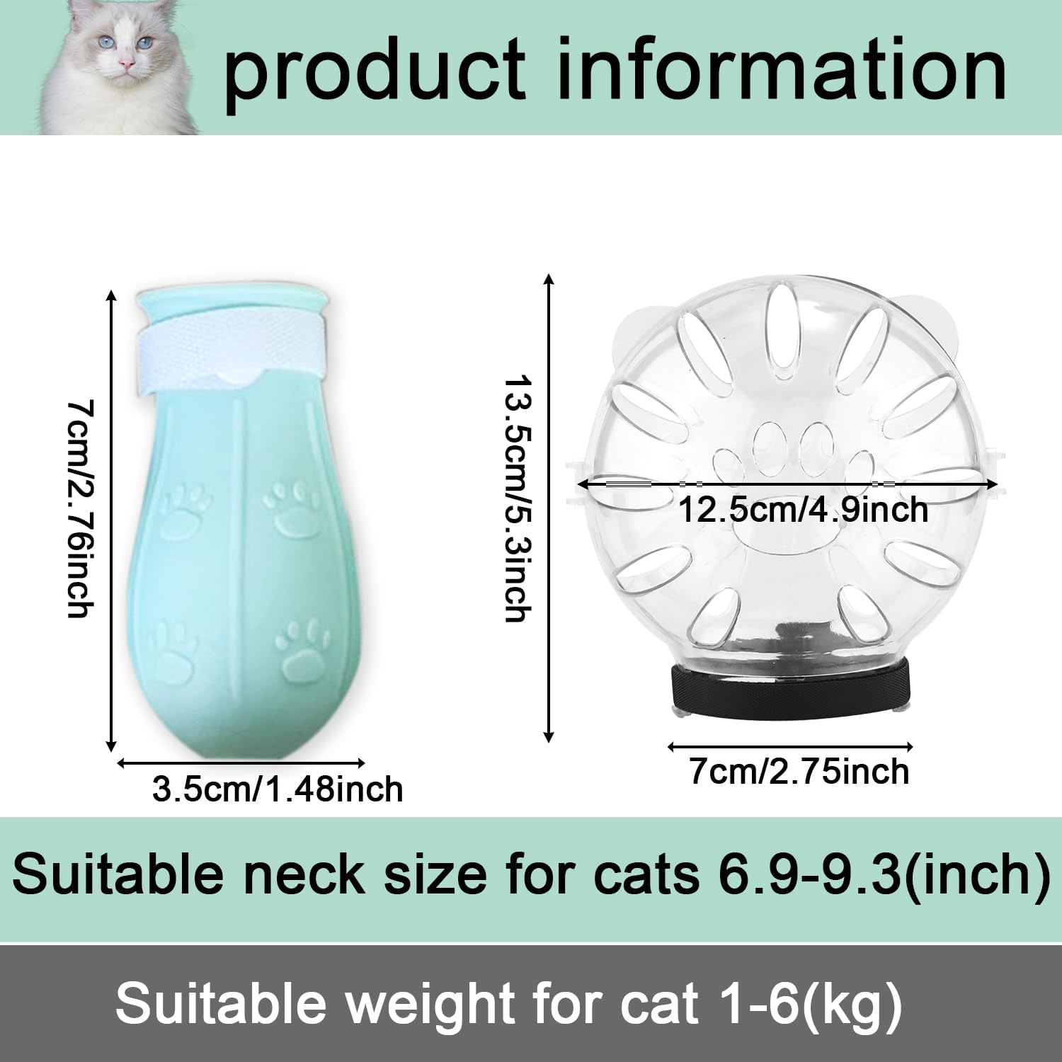 SAVITA Cat Breathable Bubble Helmet with Silicone Paw Covers, Light Green Cat Adjustable Hood Plastic Kitten Breathable Anti Bite Muzzles for Cats