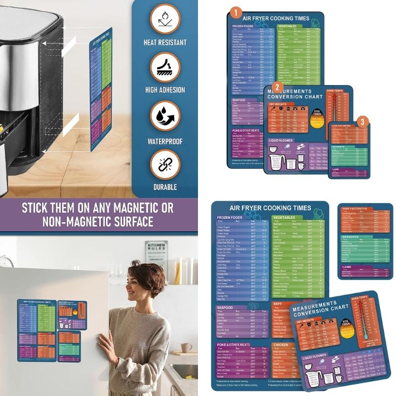 3 Pcs Kitchen Cooking Time Chart Magnet Conversion Chart Cooking Measurements for Food Measuring Weight Temperature