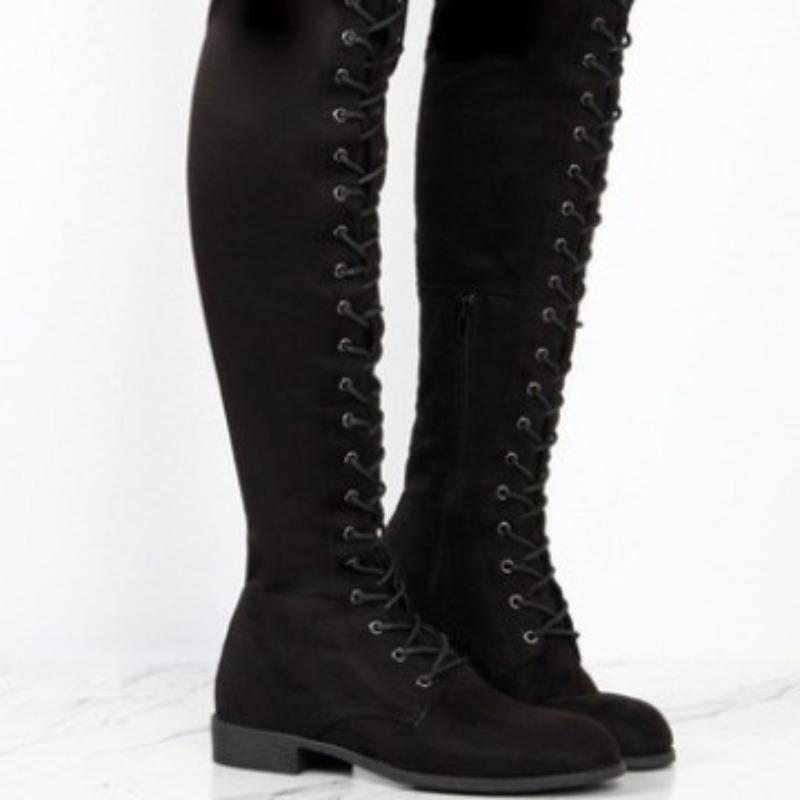 Women's Over-the-Knee Lace-Up Flat Boots, Plus Size Fall Winter Leather Boots, Ready-to-Ship Shoes