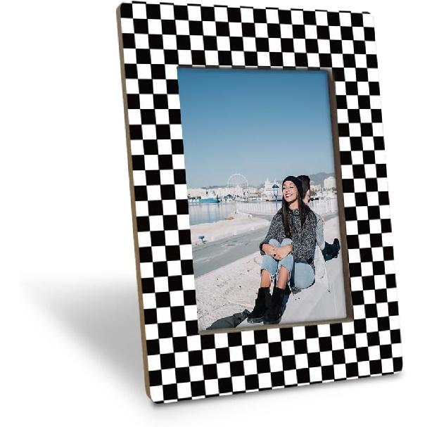 Black and White Checkered Picture Frame, Modern Geometric Pattern Frame for 4x6 Inches Photo, Display On Table Top Desk, Black and White Racing Flag