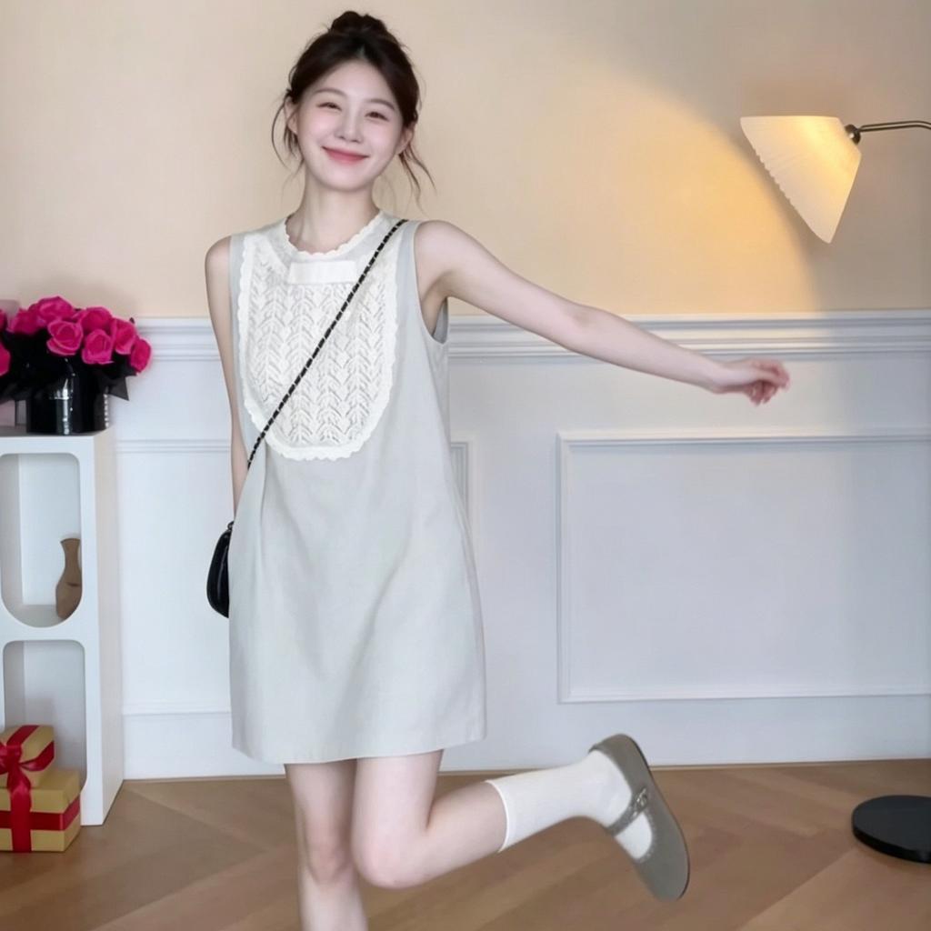 Summer lace splicing color matching zipper dress women's small loose age-reducing short vest skirt