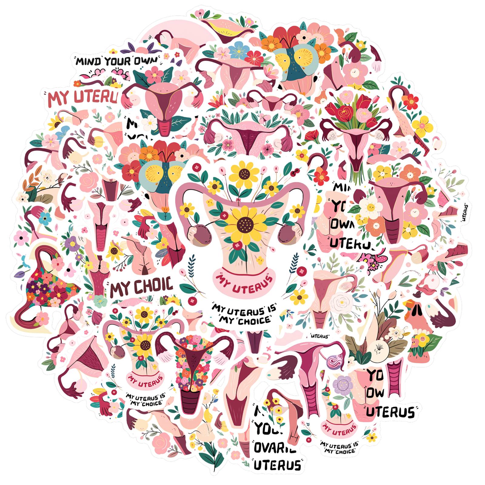 35pcs Feminist Floral Stickers Floral Uterus Floral Stickers Feminist Stickers For Guitar Laptop Helmet Skateboard Guitar DIY