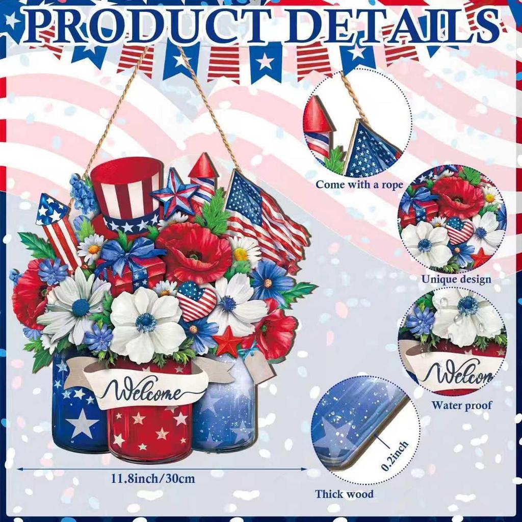 Farmhouses Wooden 4th of July Door Hanger Sign With Patriotics Theme For Holiday Parties Decoration And Gift Giving