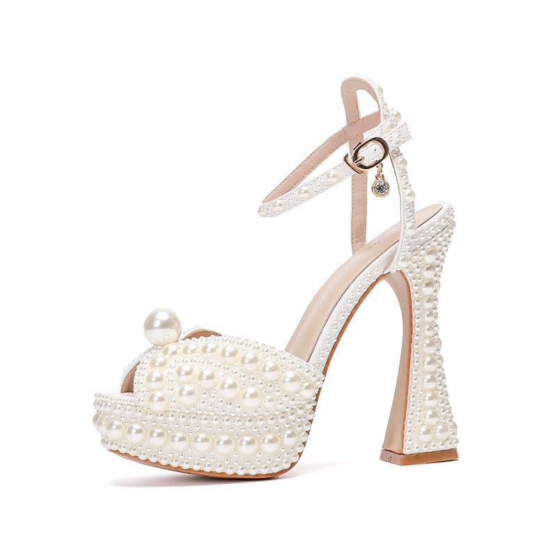 2026 Frühling Sommer Neue Peep-Toe High Heels Plateau 14cm Hohe Absätze Damenschuhe Strass Perlen Hochzeitsfeier Pumps Sandalen 43 beige