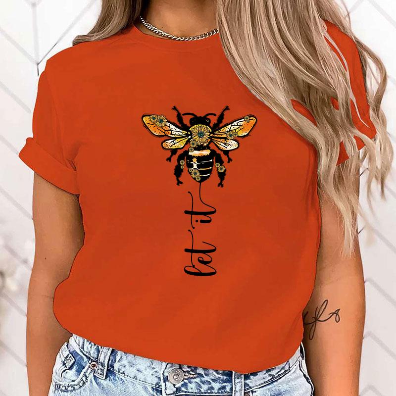 (High Quality T Shirt)Funny Bee Let It Print T-Shirts For Women Summer Round Neck Tee Shirt Femme Fashion Casual T-Shirts