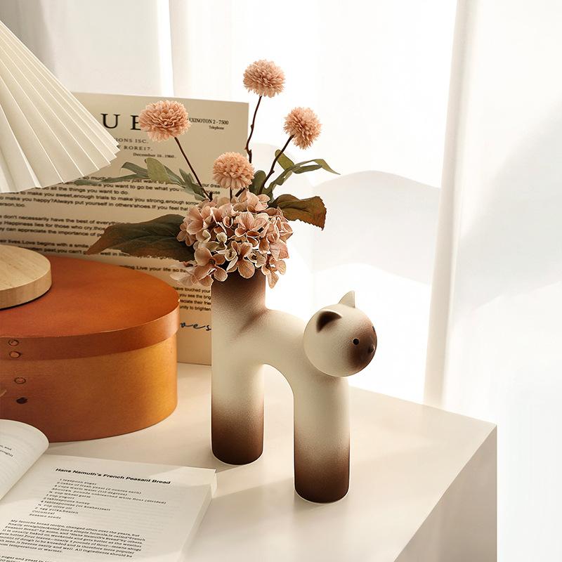European Style Cat Ceramic Flower Vase Living Room Table Art Flower Arrangement Container Creative Desktop Hydroponic Container