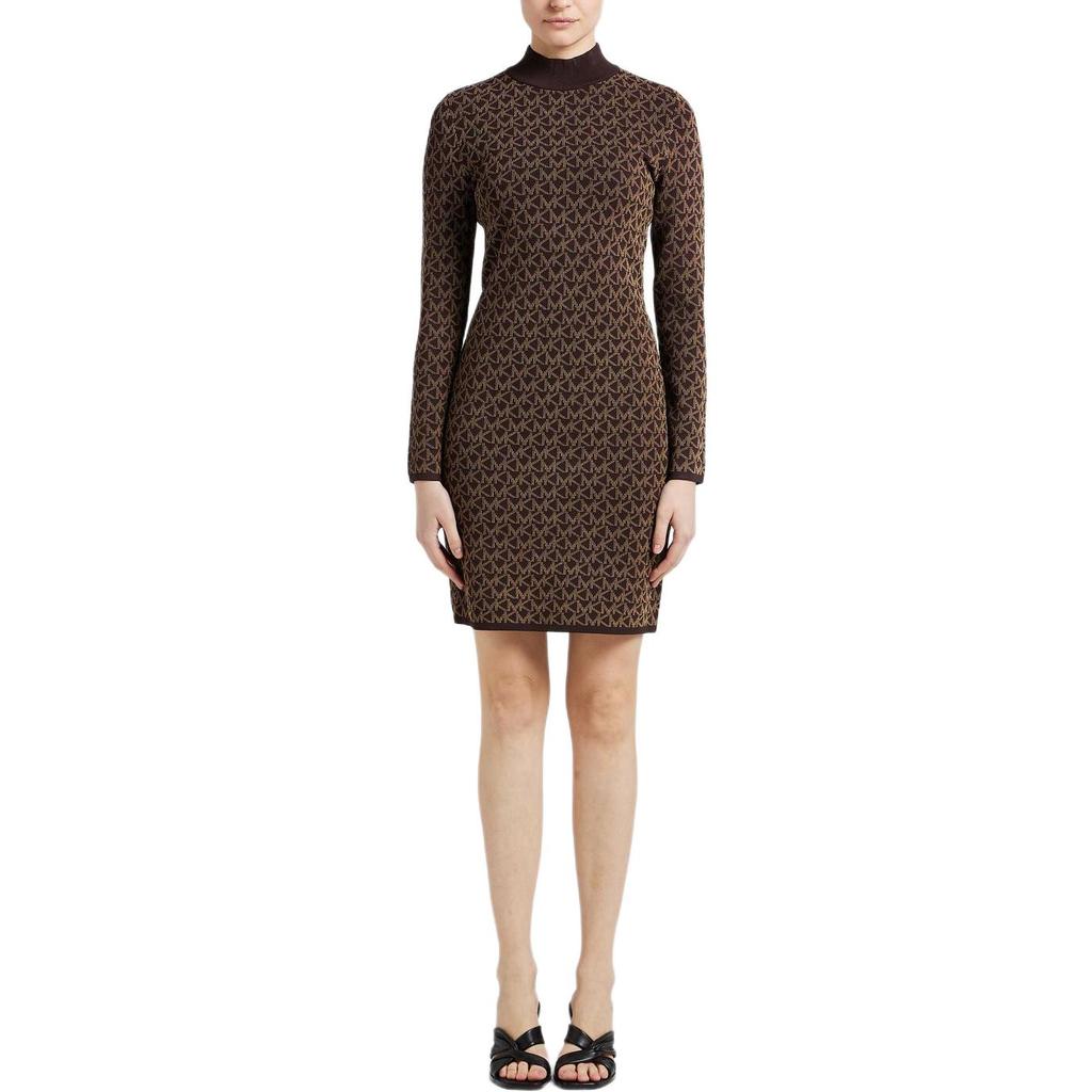 Michael Kors SS23 Allover Logo Jacquard Round Neck Knit Slim Fit Long Sleeve Dress Women dresses Chocolate MH180NV5KZ-201