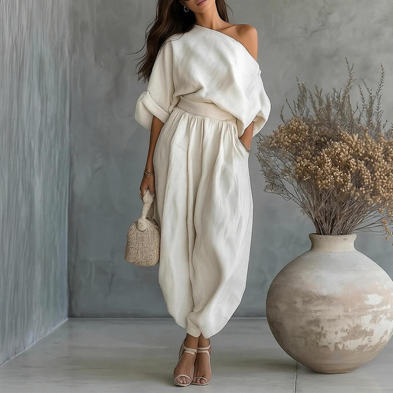 

Женский повседневный костюм-двойка с карманом на плече, универсальный, свободный L белый