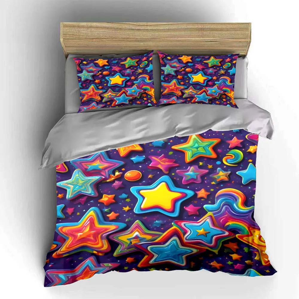 "Colorful Star Themed Decoration Set" Multiple Sizes Kid's and Adults' Bedroom Exquisite 3PC Bedding Set Gift