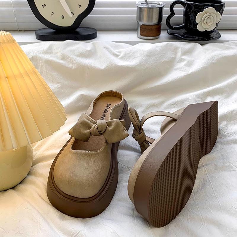 French Bow Bag Head Half Slippers Women's Outer Wear 2025 New Summer Thick Bottom with Skirt Mary Jane Cool Slippers
