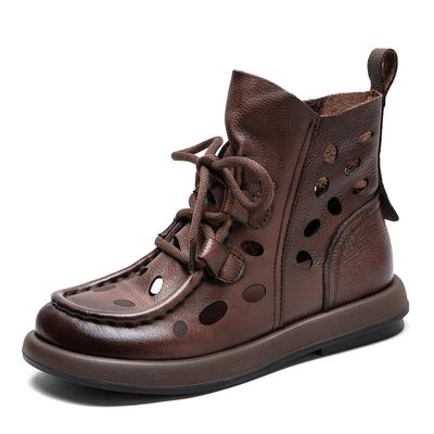 Fashion High Quality 3CM New Design Women Summer Breathable Shoes Hollow Out Cool Boots Literary Style Genuine Leather Flat Ankle Boots