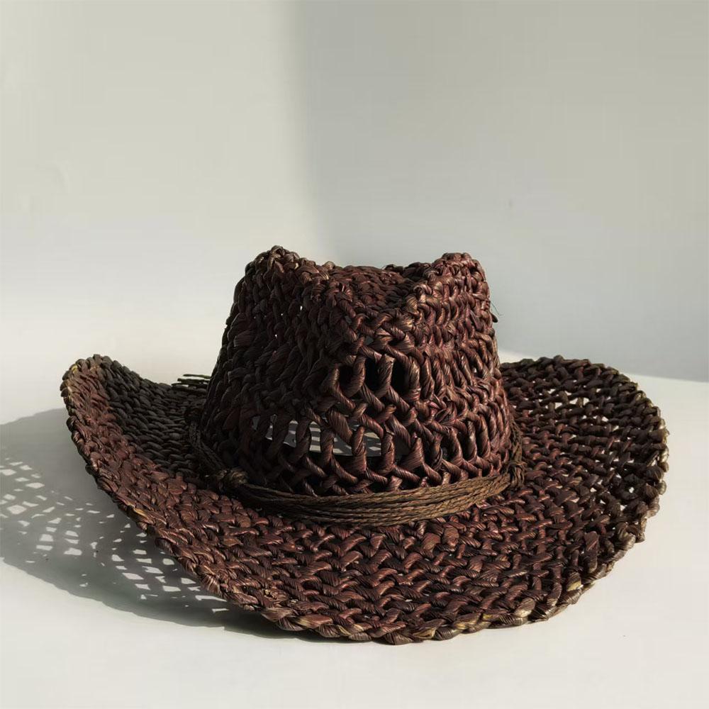 

cowboy straw hat natural corn grass handmade hollow straw hat Wide Brim cowboy hat Men Women Sun Protection Hats Outdoor cap 56-58