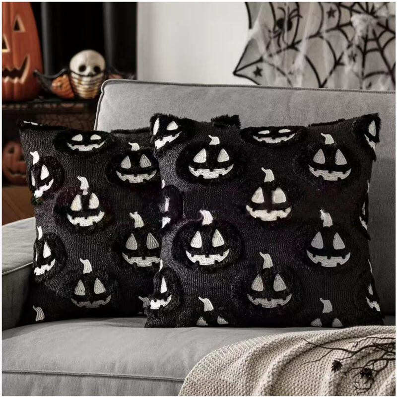 45*45CM Reversible Halloween Pillow Cover - Double-Sided Pumpkin Ghost Design, Quilted Velvet Cushion Case for Sofa Party Decor