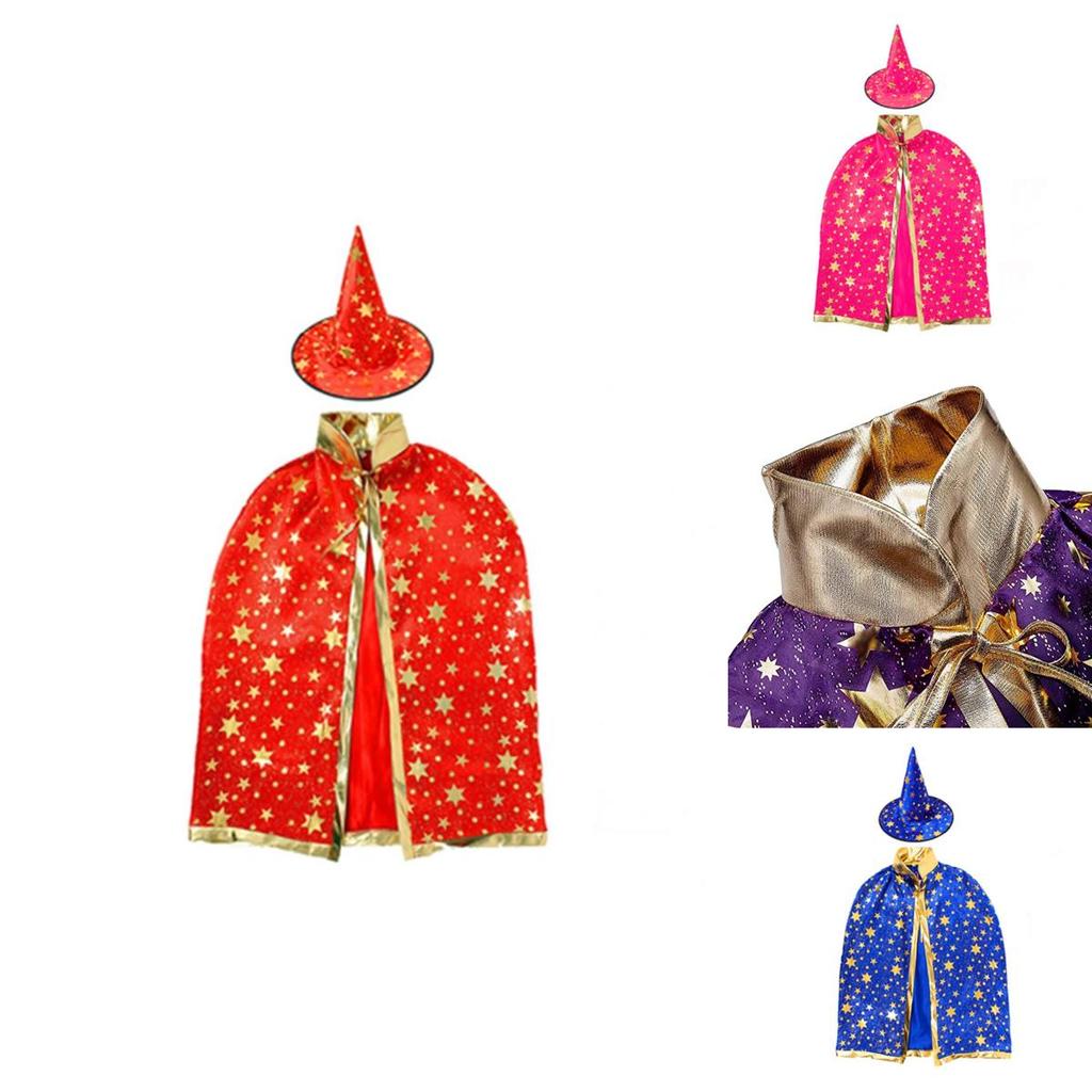 Halloween Wizard Cape Witch Cloak Kids Costume With Star Pattern And Hat For Cosplay Party