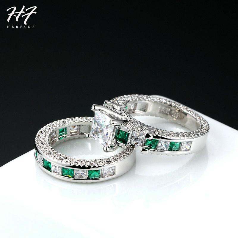 HERFANS New Luxury Fashion CopperColor 2 Pieces Ring Sets Square Green Cubic Zirconia Engagement Rings For Women R607