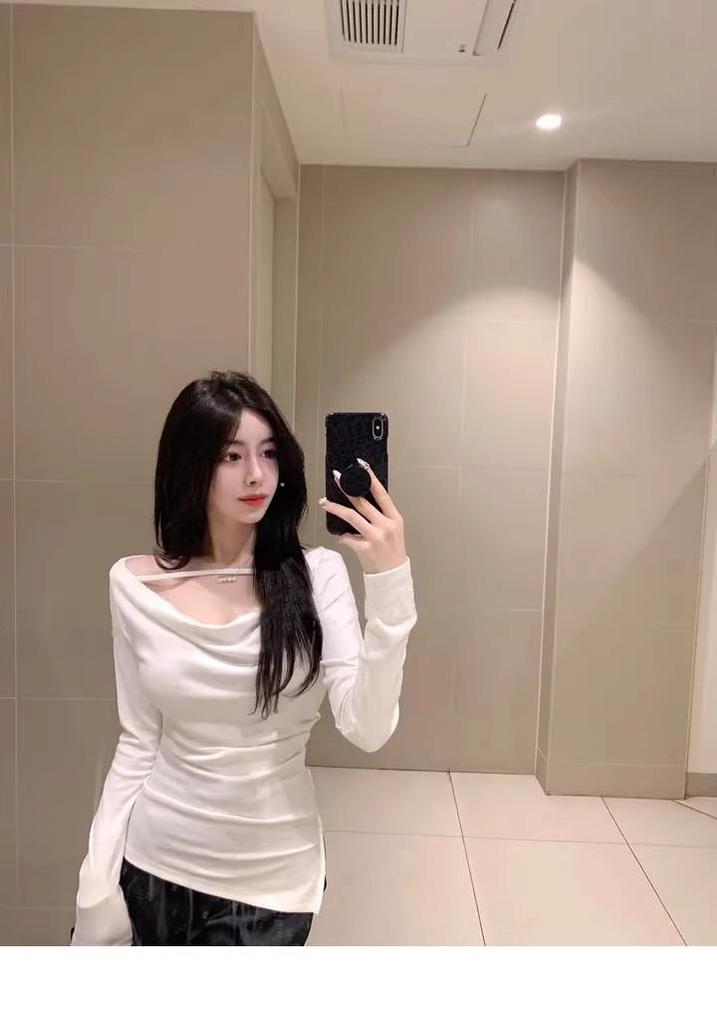 Korean Dongdaemun 2024 Women's Sexy One-Shoulder Slit Slim T-Shirt, Long-Sleeved & Feminine