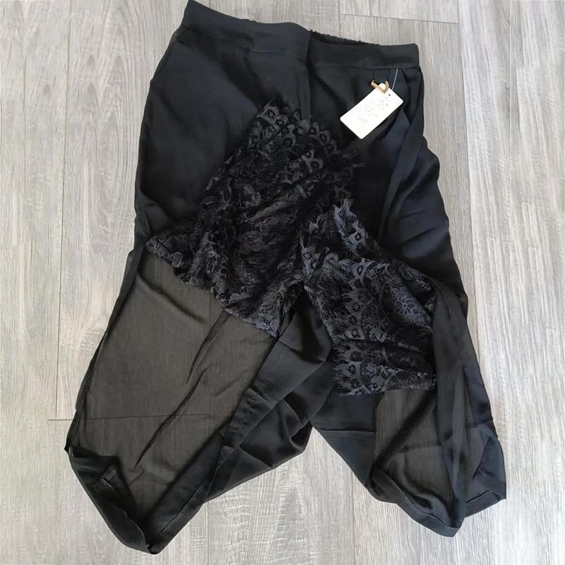 WTEMPO Sexy Lace Side Split Chiffon Wide-leg Pants Loose High Waist Ankle-Length Pants Trousers Cool and Breathable Women