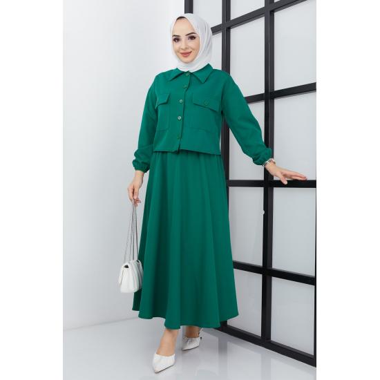 Costum cu fustă evazată, cu buzunar, elastic, cu buzunar, hijab