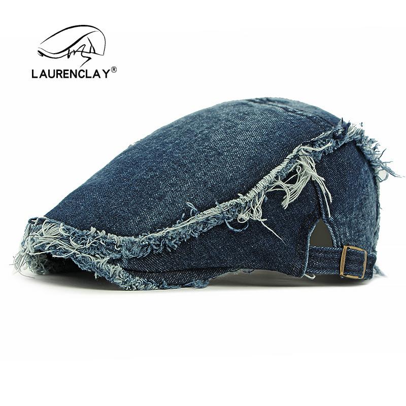 

Персонализированный дизайн Берет из выстиранного денима с необработанным краем женский британский ретро авангардная шляпа показывающая лицо маленькая кепка тренд Adjustable темно-синий