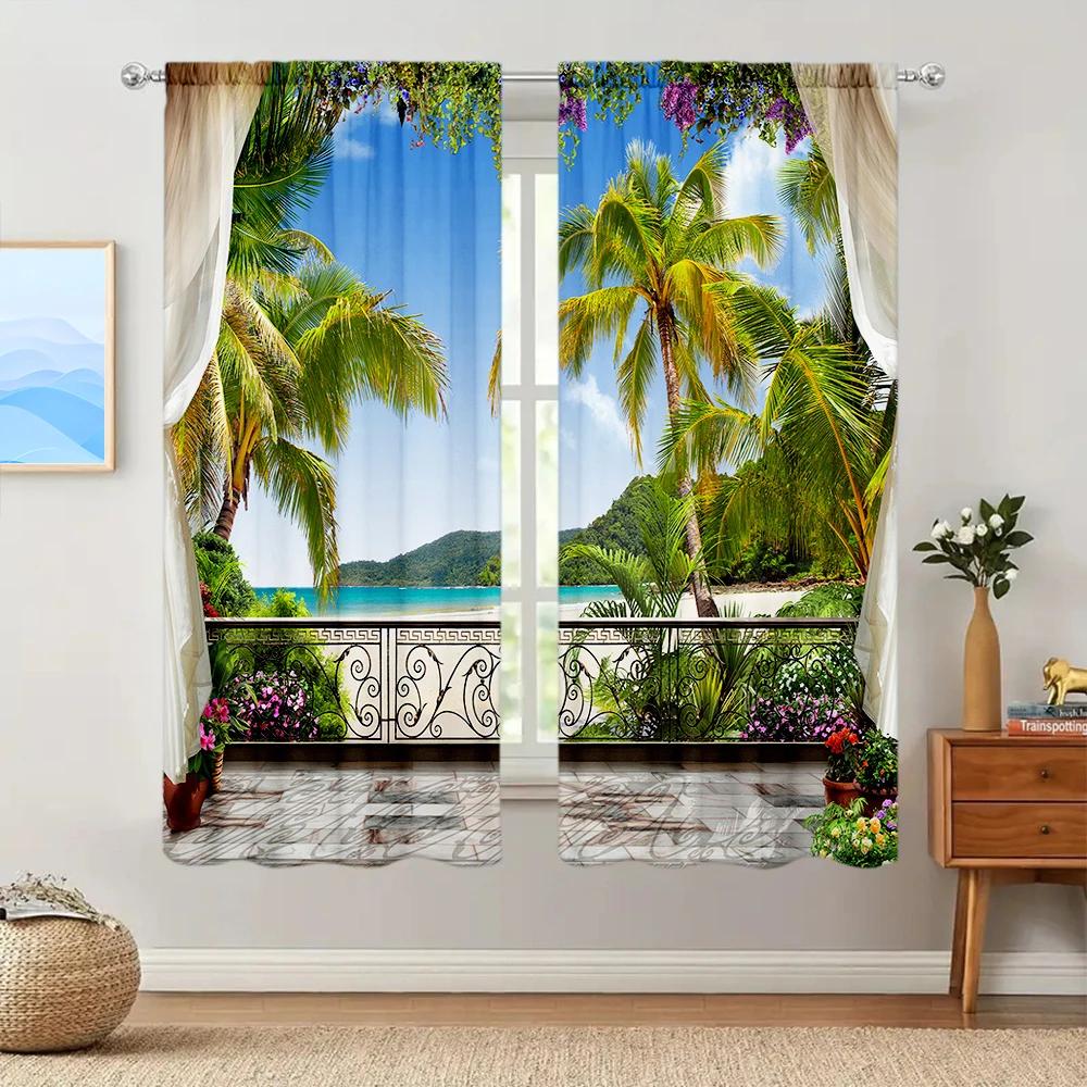 2pcs Fashionable Balcony Scenery Printed Curtain for Home Decor - Rod Pocket Window Treatment for Bedroom, Office and Kitchen