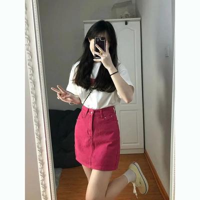 Różowa Czerwona Spódnica Jeansowa dla Kobiet na Lato Koreańska Nowa Z wysokim stanem Hot Girl Wyszczuplająca i Wszechstronna Spódniczka A-line na Biodra