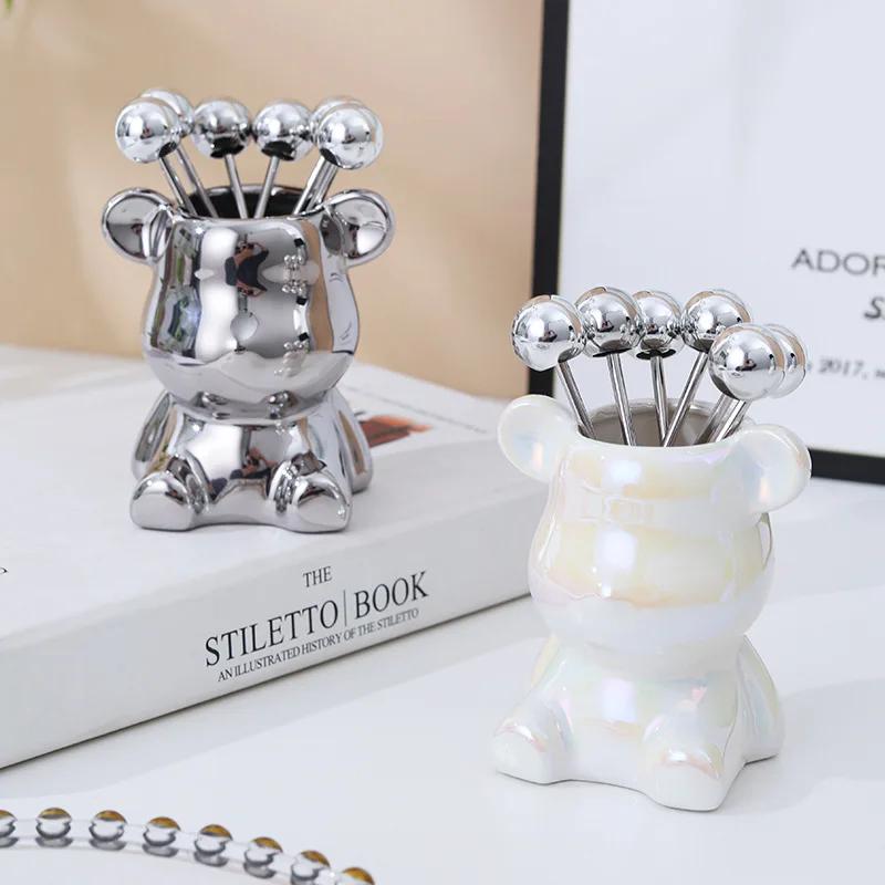 7pcs Set Fruit Forks Household Utensils Stainless Steel High-end Storage Cans Forks Fruit Tags Home Desktop Decoration Ornaments