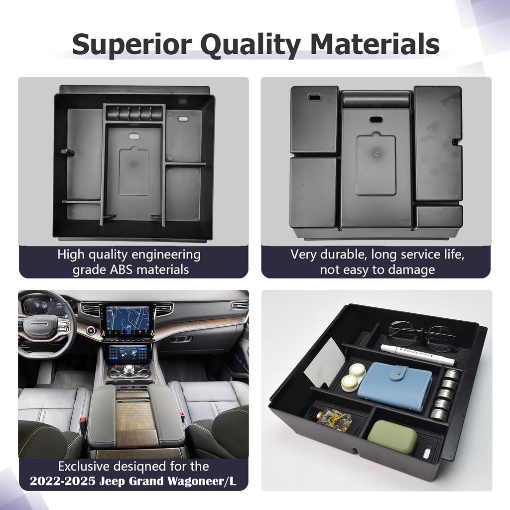 Armrest Storage Center Console Organizer for 2025-2025 Jeep Wagoneer/L, 2025-2025 Jeep Grand Wagoneer/L Interior Car Storage Box