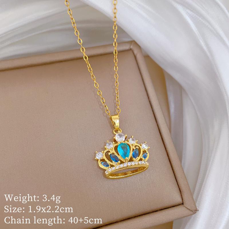 Empty Three-Dimensional Crown Light Luxury Temperament Gorgeous Full Diamond Necklace Female Versatile Collarbone Chain Titanium Steel Chain