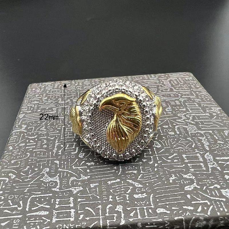 Mens Titanium Steel Eagle Ring With Gold Plating Rhinestones Hip Hop Style Adjustable Size