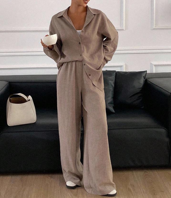 "2026 European & American Casual Cotton-Linen Two-Piece Set: Loose Long-Sleeved Shirt & Pants”