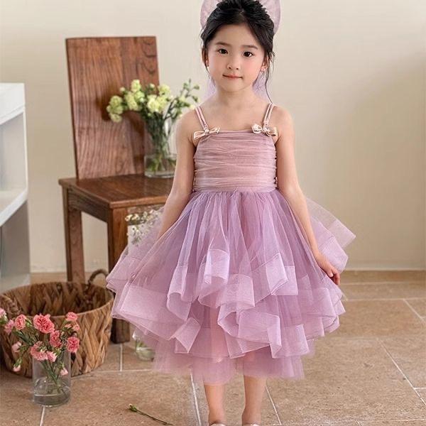 High end girls' dress summer 2026 beautiful children's suspender pink princess dress fluffy veil birthday dress