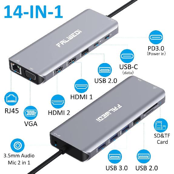 USB C Laptop Docking Station, 14 in 1 Type C Hub Multiport Adapter Dongle with 3 Monitors, Dual HDMI, VGA, PD, Ethernet, SD/TF, USB C/A Ports,
