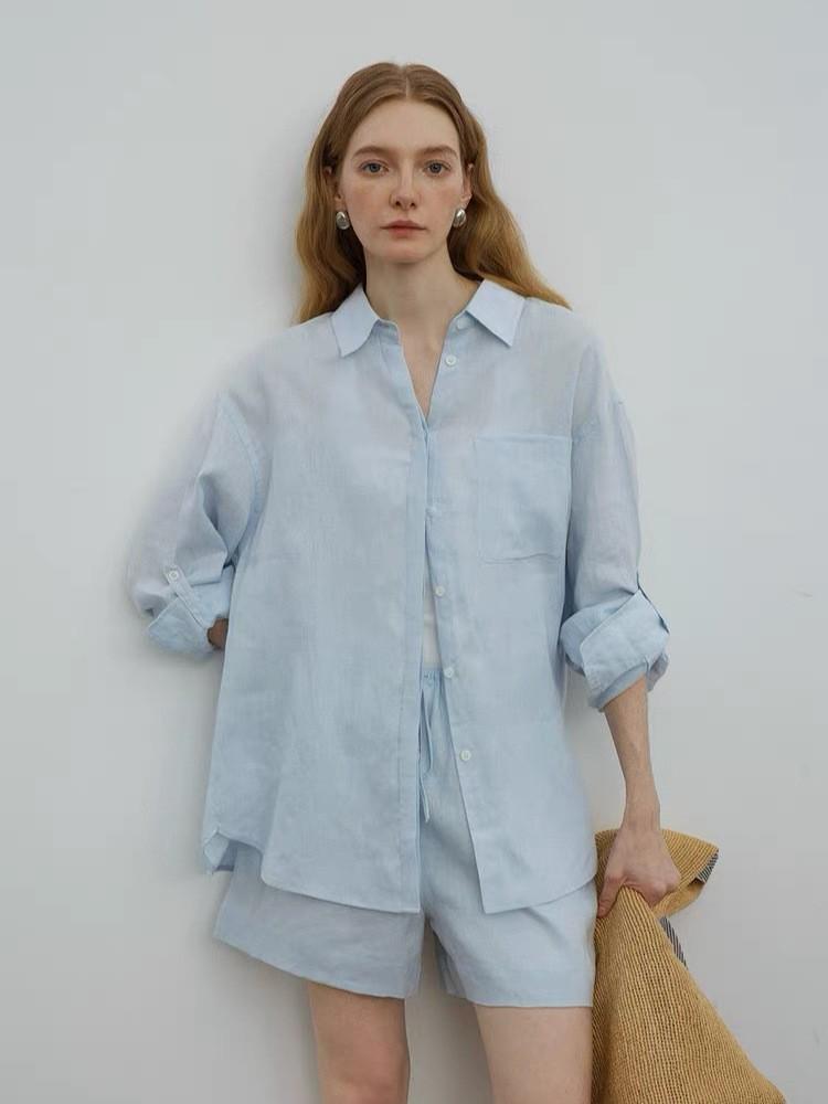 COUNTOMNE Loose Linen Oversized Shirt & Shorts Sun Protection Set
