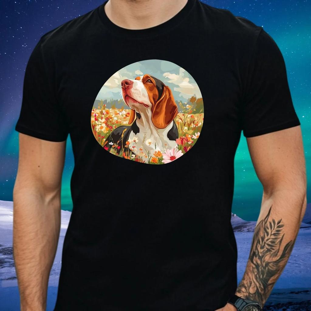 Unisexs Basset Hound Dog On Flower Field Motif Cotton Tshirt Size Xs To 5xl